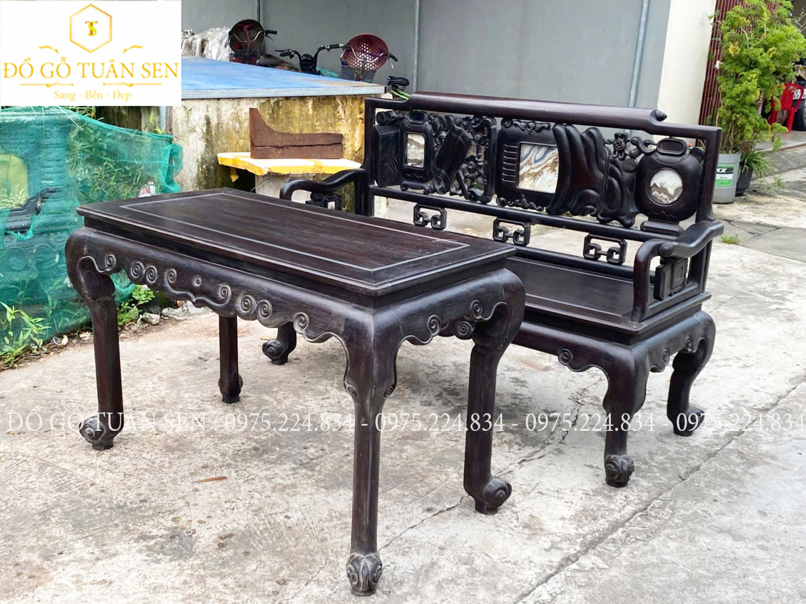 Hình ảnh bộ bàn ghế trường kỷ tam sơn gỗ gụ 